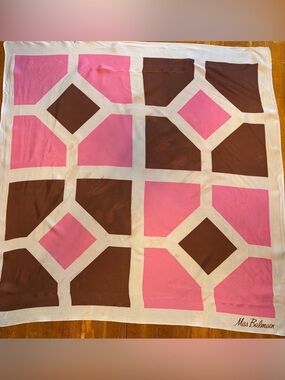 Vintage Miss Balmain Acetate Twill Geometric Pink & Brown Scarf